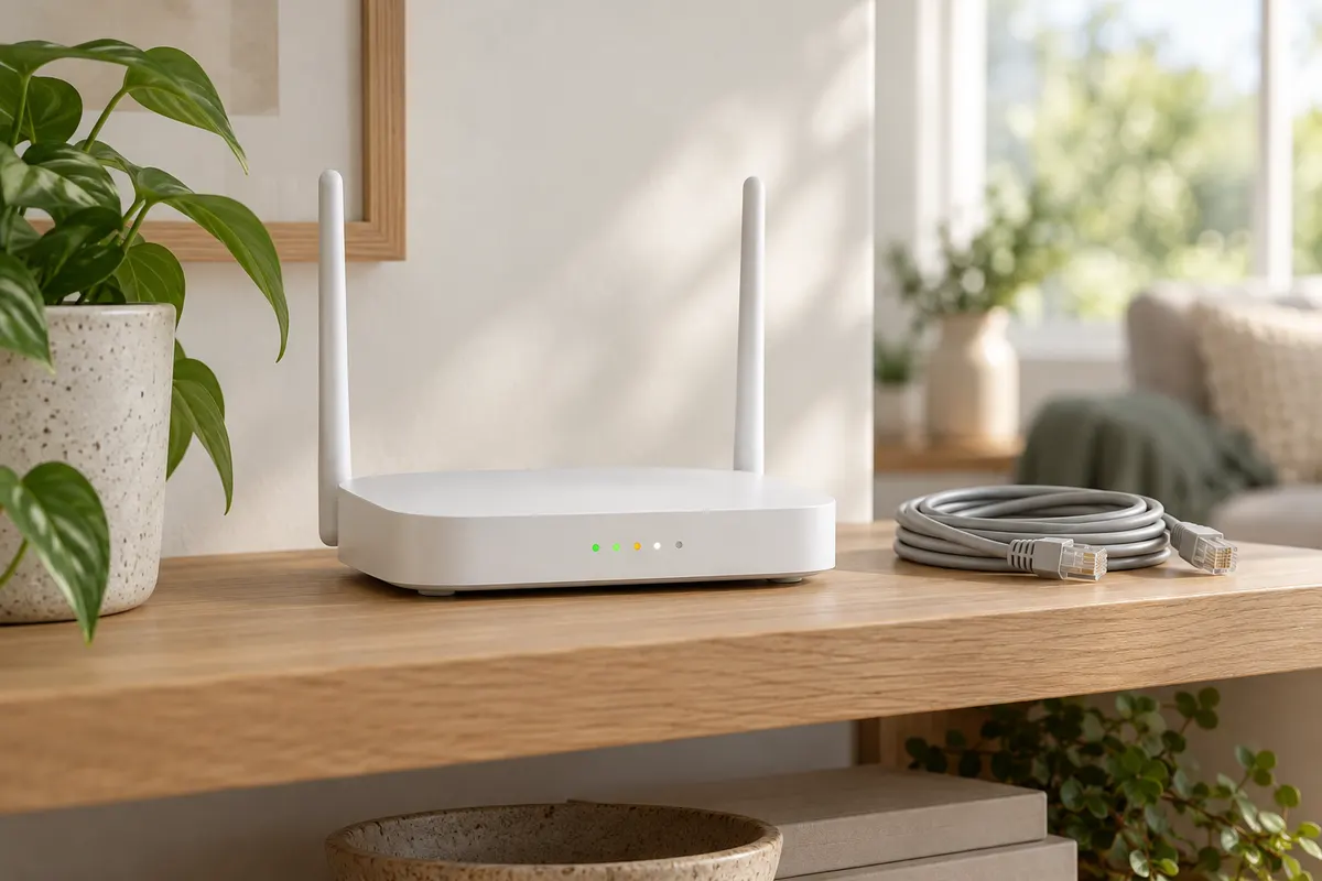 Fehér otthoni wifi router égő állapotjelzőkkel egy polcon